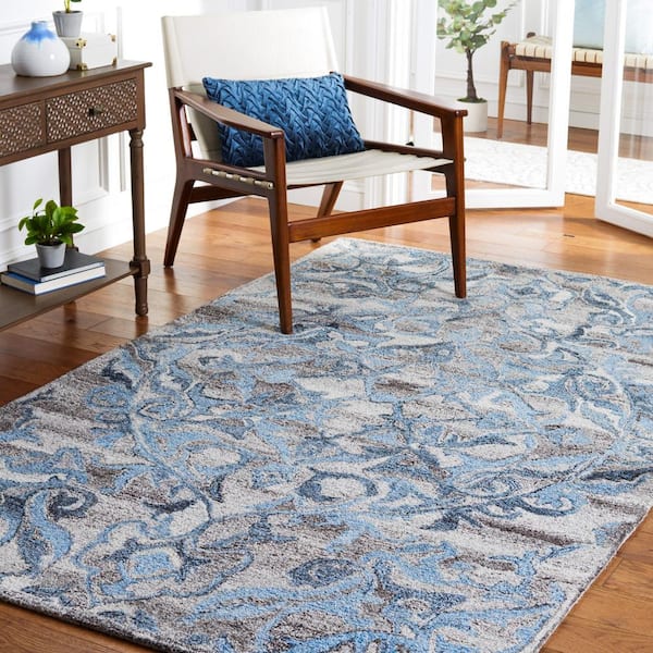 Abstract Gray/Blue 4 ft. x 6 ft. Oversized Border Floral Area Rug