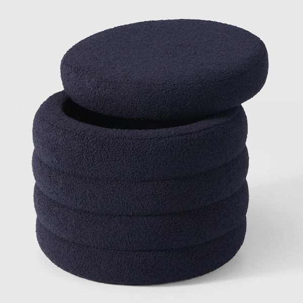 Bayville Modern 16 in. Tall Sherpa Fabric Tufted Round Storage Ottoman in Navy Blue