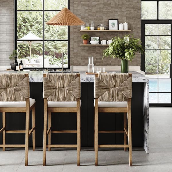 Beacon 29 in. Bohemian Boucle Upholstered Wood Bar Height Bar Stool w/Woven Back, Cream Boucle/Light Brown