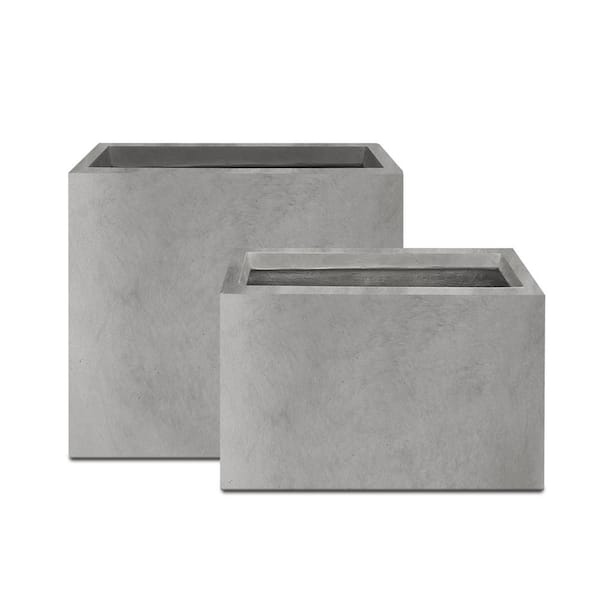 KANTE 23.6" & 19.4"L Rectangular Natural Finish Lightweight Concrete Long Planters w/ Drainage Hole Set of 2 Outdoor/Indoor