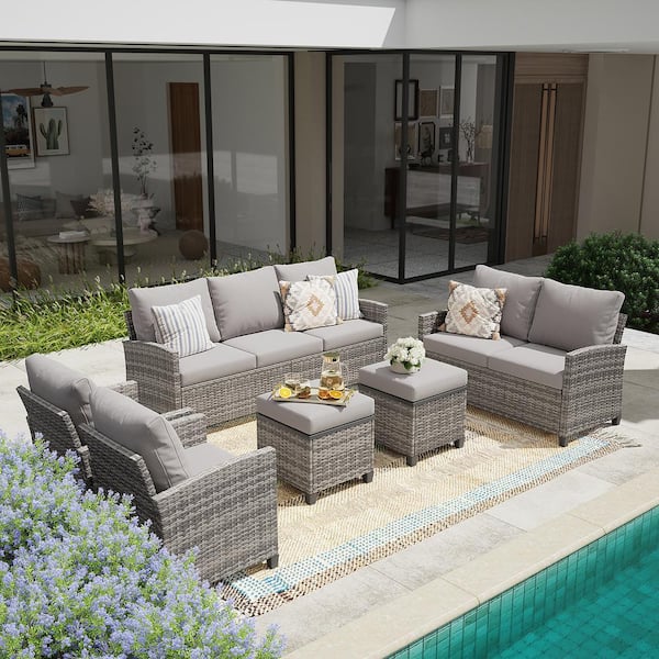 6 Pieces Patio Furniture Set Gray Wicker Outdoor Sofa Couch with Love seat Ottomans and Gray Cushions
