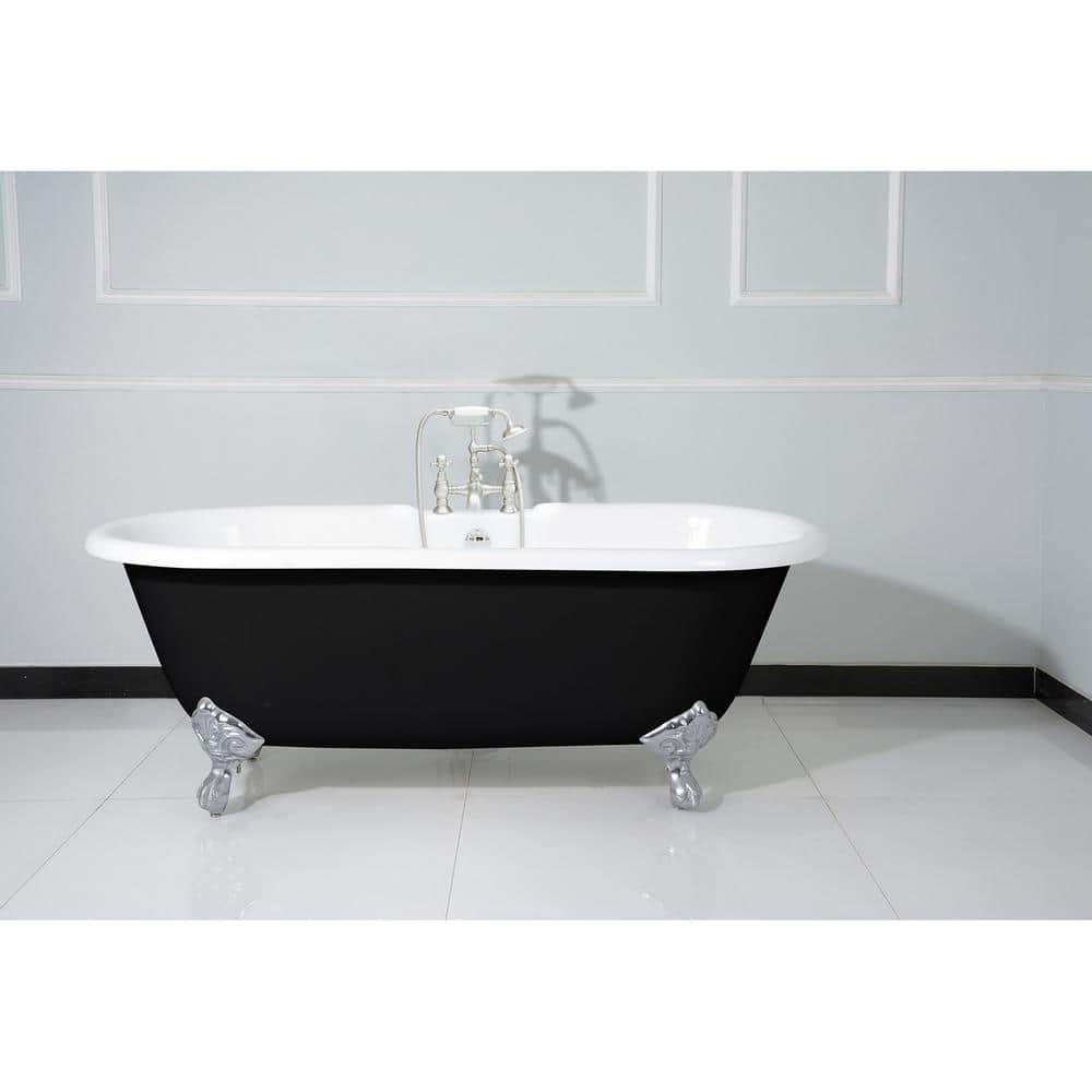 Classic 66-Inch Black and White Cast Iron Clawfoot Bathtub with Polished Chrome Feet