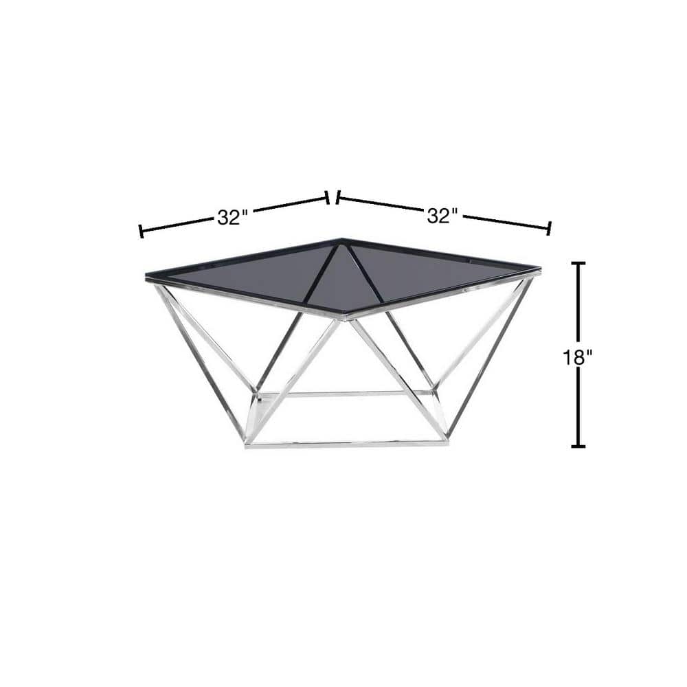 31.5" Smoked Glass and Silver Stainless Steel Square Coffee Table