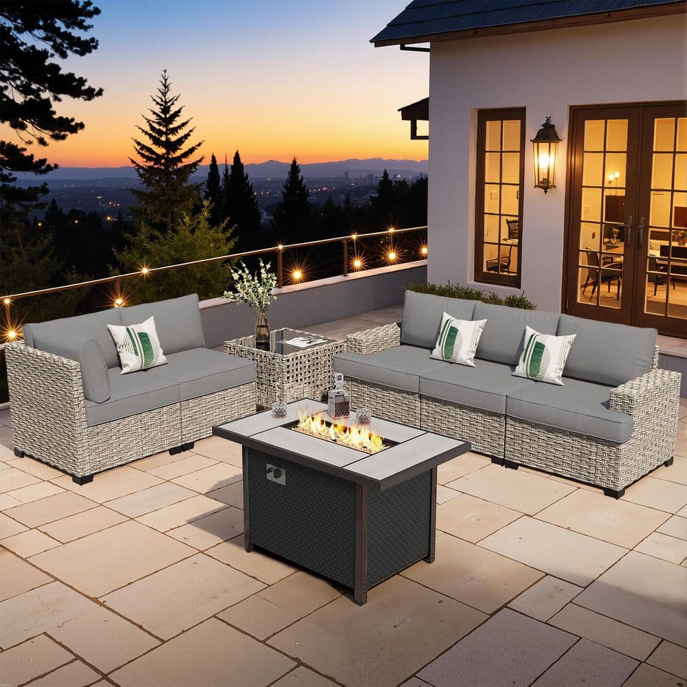 Echelon 7-Pieces Wicker Outerdoor Patio Rectangular Fire Pit Set with Dark Grey Cushions price history on PriceWatchPro