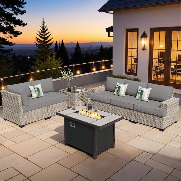 XIZZI Echelon 7-Pieces Wicker Outerdoor Patio Rectangular Fire Pit Set with Dark Grey Cushions