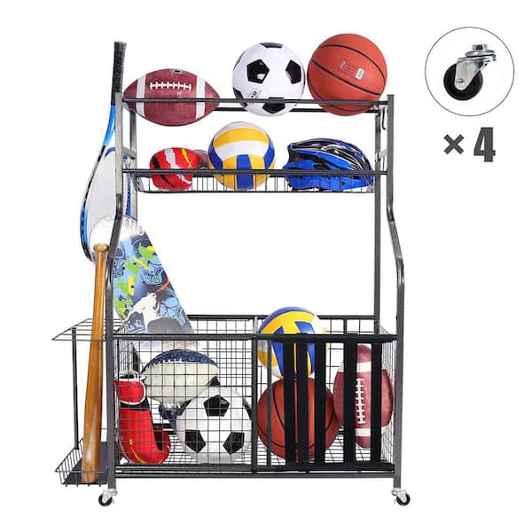 Black Metal Football Basketball Display Storage Rack Shelf Holder Organizer 