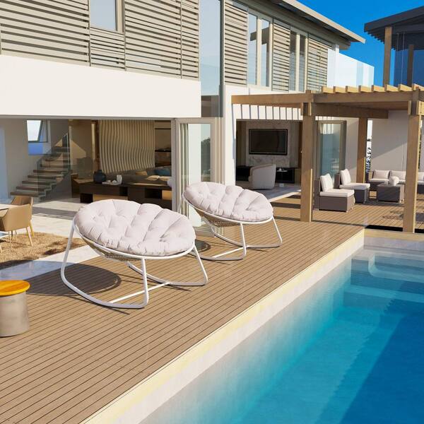 Cesicia Metal Round Outdoor Rocking Chair White Frame with Beige Cushion Water-Resistant for Backyard, Patio, Poolside