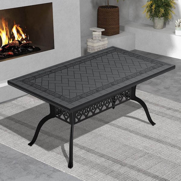 59 in. x 35.4 in. Black Frame Rectangle Cast Aluminum Outdoor Dining Table with Carved Texture on the Tabletop