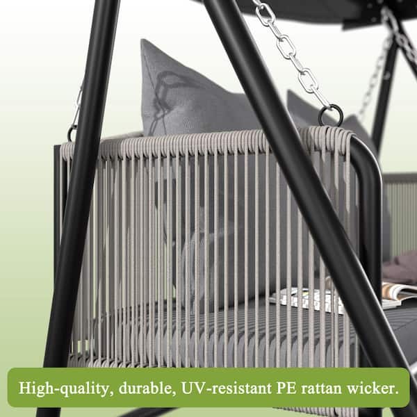 2-Seat Metal Porch Swings With Gray Adjustable Canopy, Cushion and Pillows