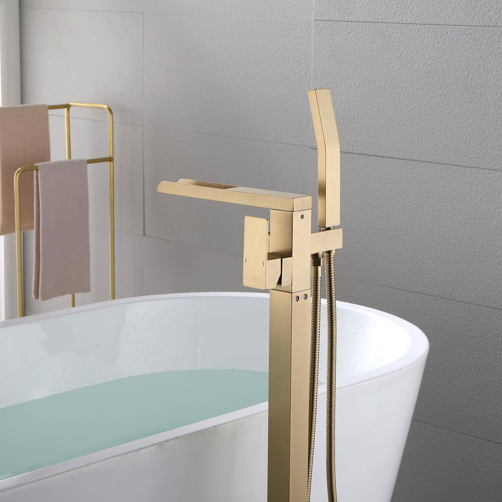 Gold Freestanding Floor Mount Tub Faucet with Hand Shower