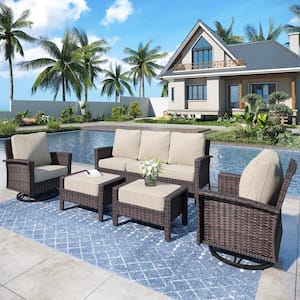 Black 5-Pieces Metal Patio Conversation Sectional Seating Set with Swivel Sofa Chairs, Ottoman and Beige Cushions