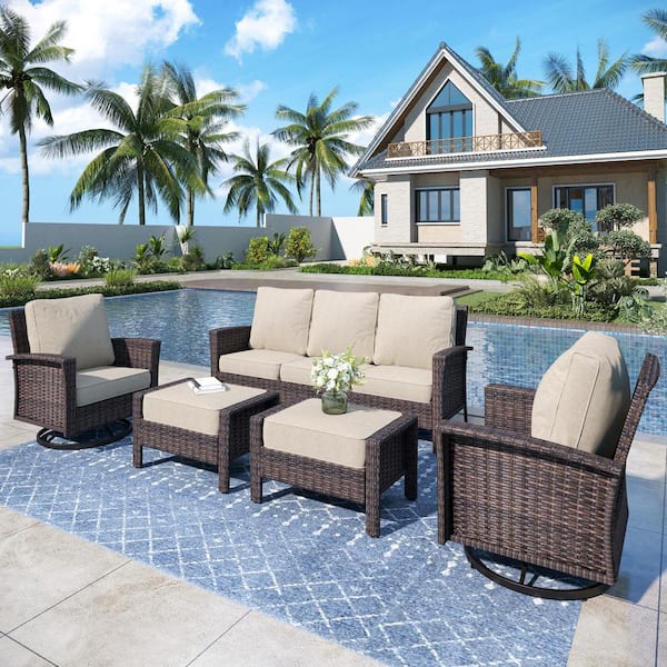 PHI VILLA Black 5-Pieces Metal Patio Conversation Sectional Seating Set with Swivel Sofa Chairs, Ottoman and Beige Cushions