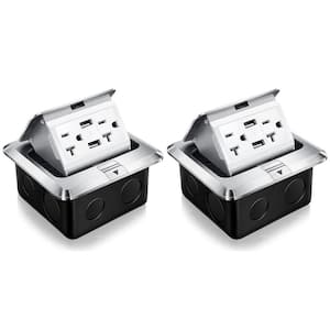 Silver 20A Weatherproof, Tamper Resistant Pop up Floor, Counter Top Outlet Kit with 2-Outlets. 2 USB-A Ports - (2-Pack)