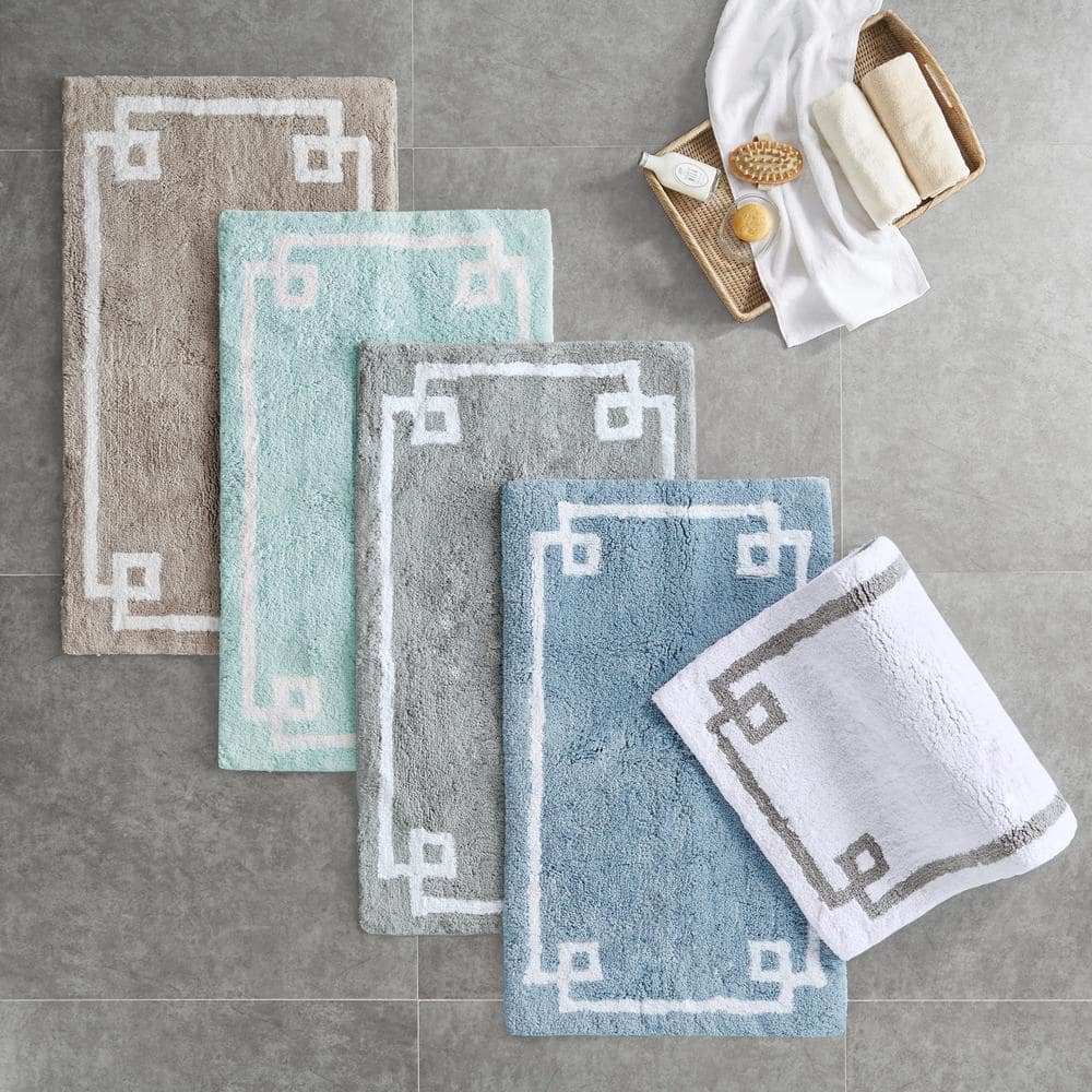 Beige Cotton Tufted Geometric Border Bath Rug