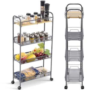 4-Tier Slim Rolling Cart with Wooden Tabletop, Easy Assemble Mobile Storage Cart with Wheels, Slide Out Utility Cart