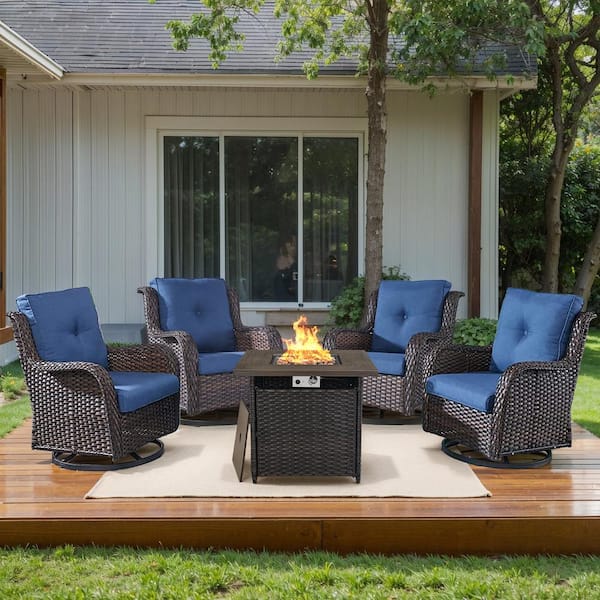 5-Piece Brown Wicker Fire Pit Conversation Set with Olefin Blue Cushions and Curved Arm Swivel Glider Rocking Chairs