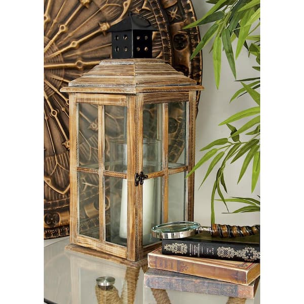 9 in. H Brown Wood Lighthouse Style Decorative Candle Lantern