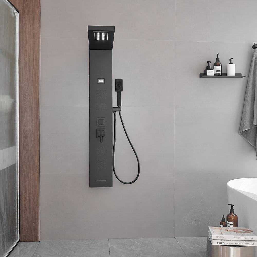 Matte Black 4-Jet Rainfall Shower Panel System with LED Light