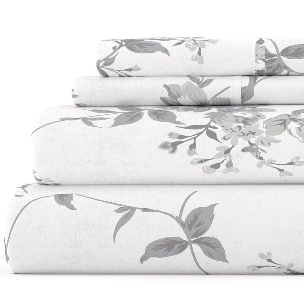Gray Floral Cotton Flannel Queen Deep Pocket Sheet Set