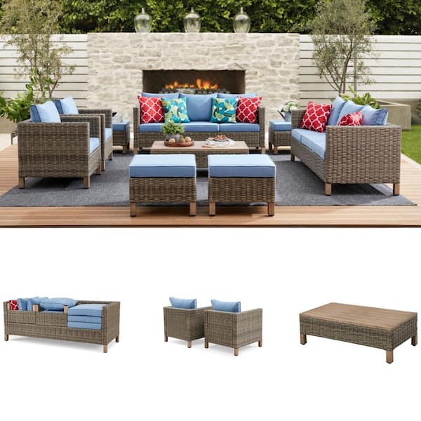 9-Piece Wicker Patio Conversation Set with Blue Cushions