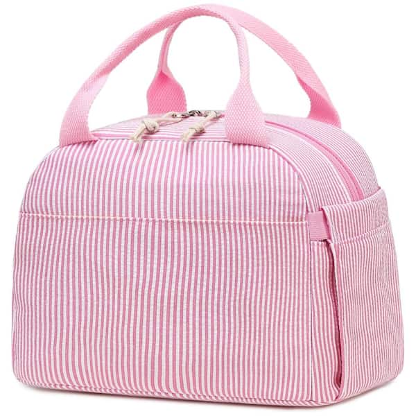 10L Insulated Lunch Bag with Front Pocket and Zipper, Pink White Vertical Stripes