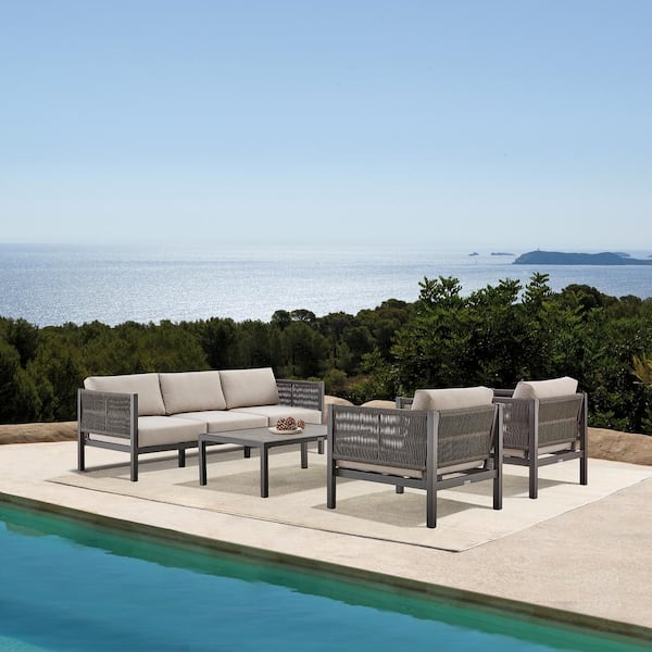 Armen Living Cuffay Brown 4-Piece Metal Patio Conversation Set with Brown Cushions