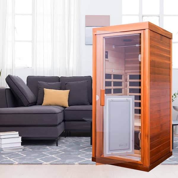 1-Person Outdoor Solid Wood Infrared Sauna with LED Reading Light
