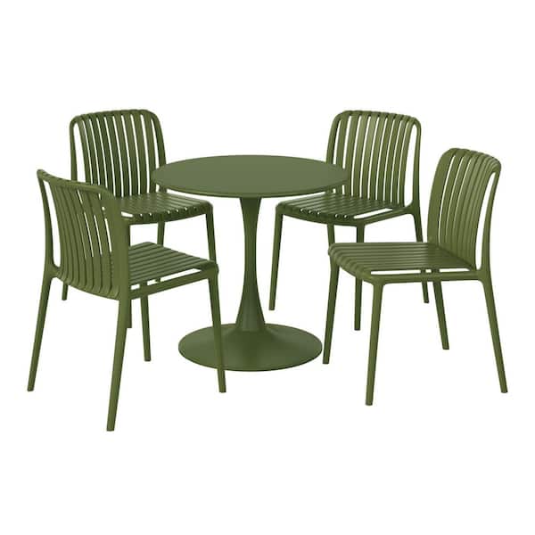 Frond and Form Outdoor Patio Modern 5-Piece Round HDPE Plastic Dining Table Set with Stackable Chairs, Olive Green