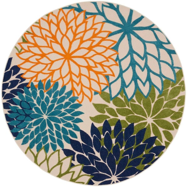 Aloha Multicolor 5 ft. x 5 ft. Round Floral Modern Indoor/Outdoor Patio Area Rug