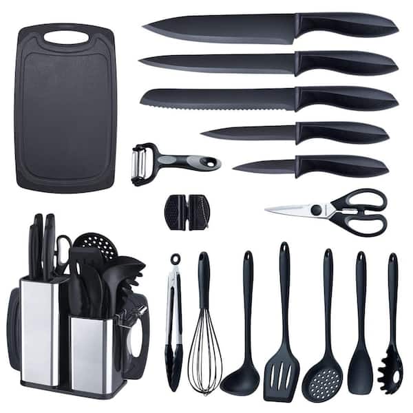 18-in-1 High Carbon Steel Kitchen Cooking Utensils Set with 7 Cooking Utensils, 5 Kitchen Utensils, 6 Knife Set, Black