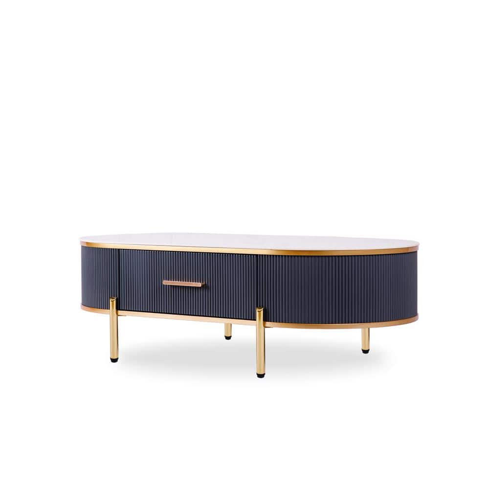 Elegant Oval Sintered Stone Coffee Table with Gold Accents and Storage