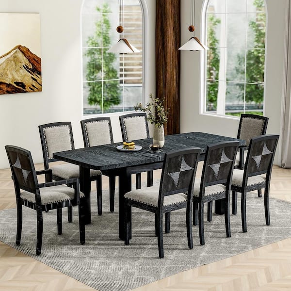 Harper & Bright Designs Rustic 9-Piece Black Extendable Rectangle Wood Top Dining Set with 24 in. Removable Leaf and 8-Upholstered Chairs