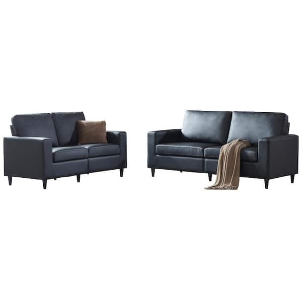 STICKON 75.2 in. W Square Arms 2-Piece Leather Modern Straight Sectional Sofa 2-3-Seat in Black with Solid Wood