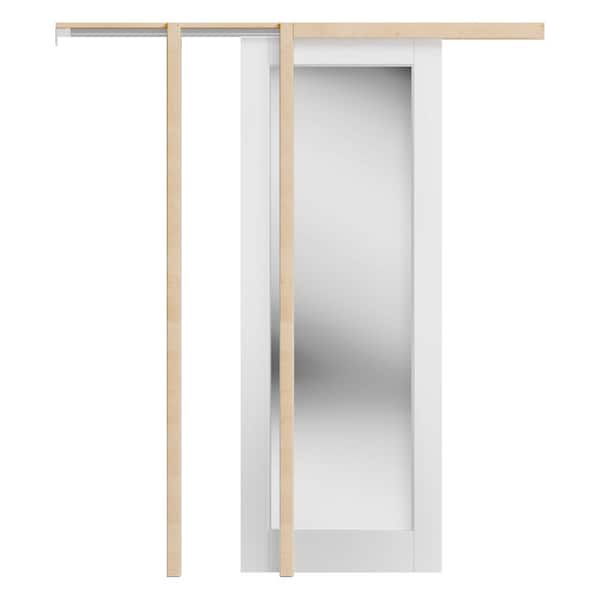 TENONER 32 in. x 80 in. Full Lite, Mirrored Glass, Solid Core, DIY Painted, White Primed, MDF Sliding Door with All Hardware