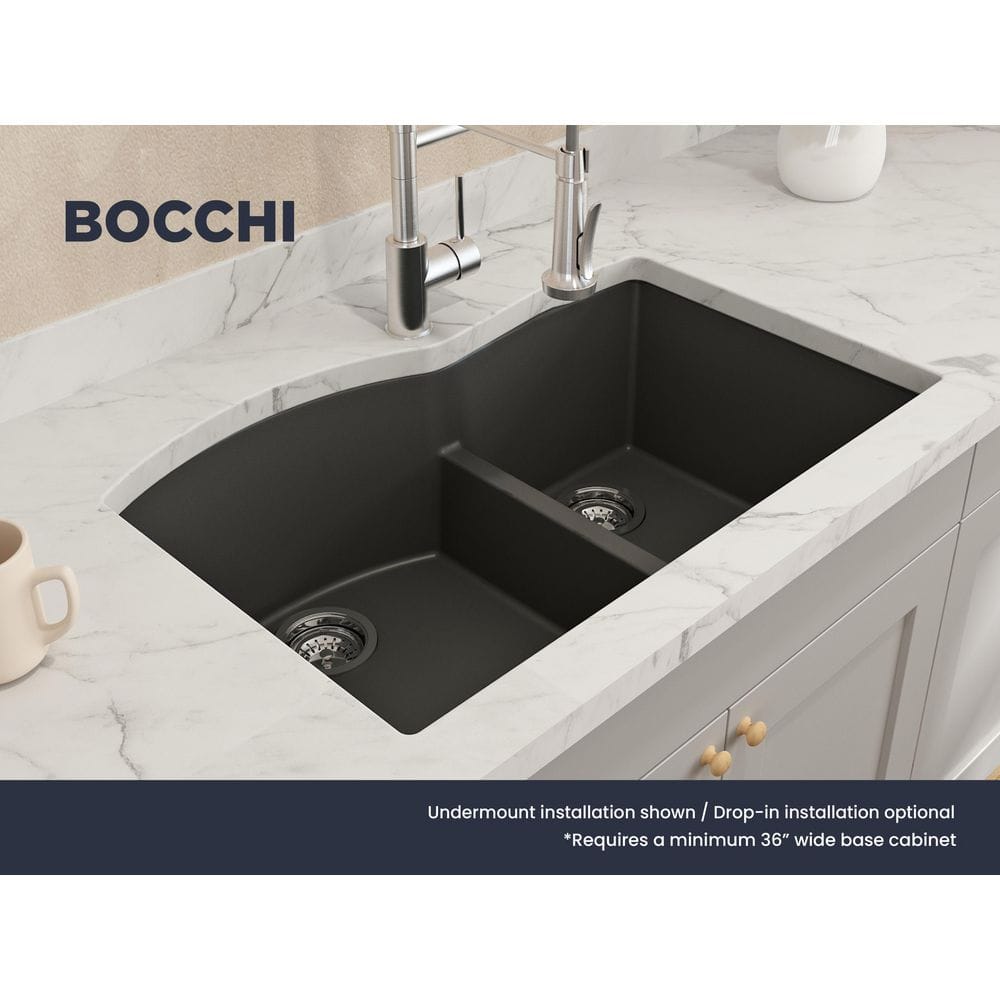 Matte Black Granite Double Bowl Drop-In Kitchen Sink