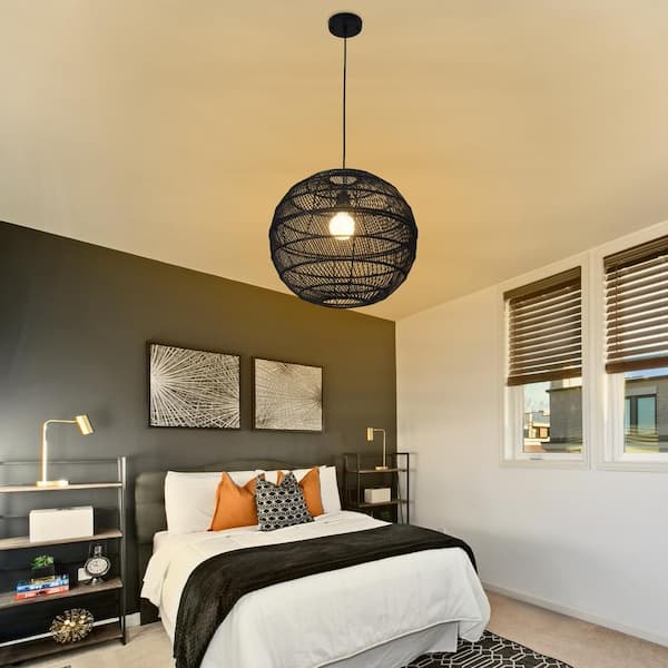LWYTJO 11.81 in. 1-Light Black/Brown Rattan Semi Flush Mount