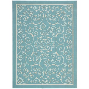 Home and Garden Pavilion Light Blue 8 ft. x 11 ft. Floral Transitional Indoor/Outdoor Patio Area Rug