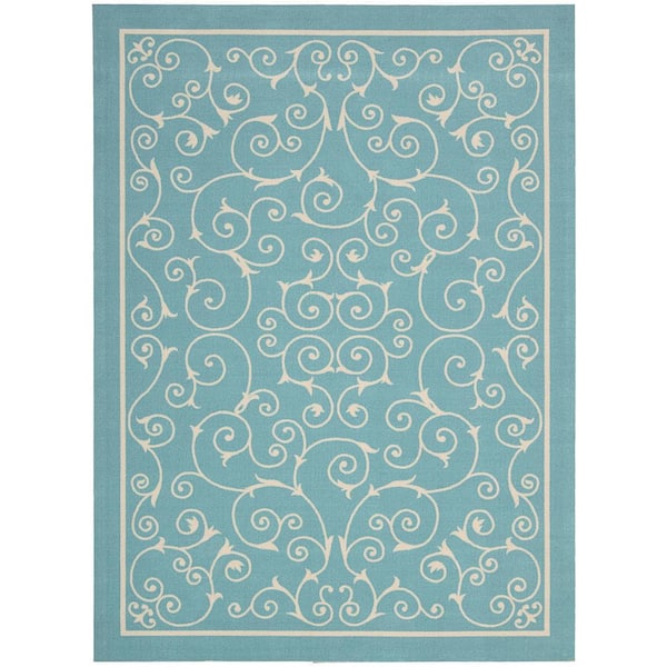 Nourison Home and Garden Pavilion Light Blue 8 ft. x 11 ft. Floral Transitional Indoor/Outdoor Patio Area Rug
