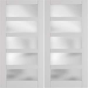 64 in. x 80 in. (Double 32 in. Interior Door slab) 5-Lites Frosted Glass Solid Hybrid Wood MDF White Pantry Finished