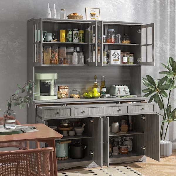 Gray Painted Wooden 61.2 in. W Buffet and Hutch Kitchen Cabinet with Drawers and Adjustable Shelves, Glass Doors