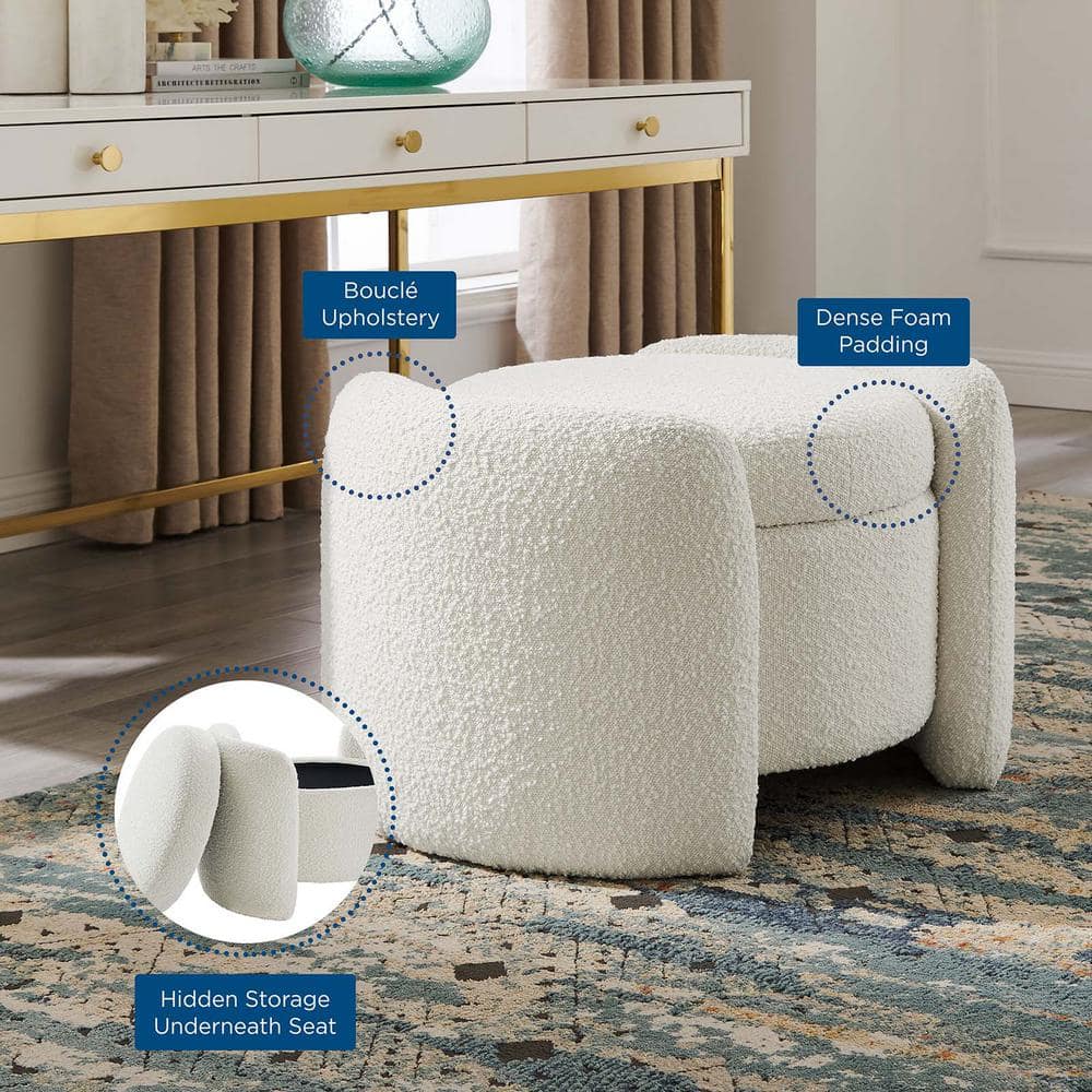 Ivory Boucle Round Upholstered Storage Ottoman