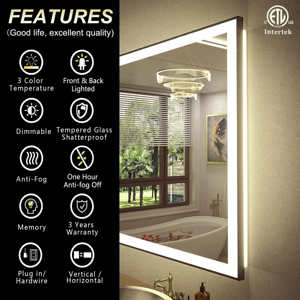 Matte Black LED Lighted Anti-Fog Vanity Mirror with Tempered Glass, 28" x 20"