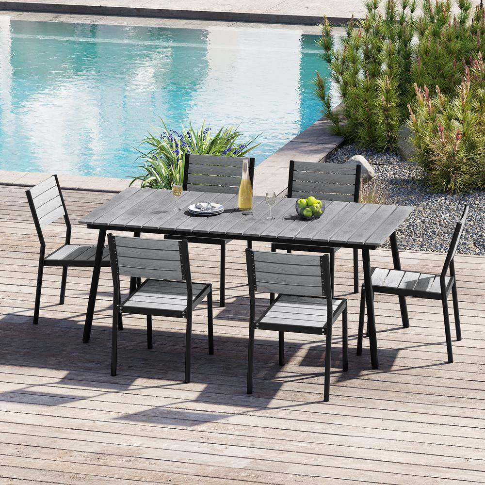 Gray 7-Piece Aluminum Rectangular Table Outdoor Dining Set with Umbrella Hole
