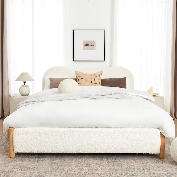 KINWELL White Solid Wood Frame Queen Size Platform Bed with Upholstered Headboard and Footboard, No Box Spring Needed