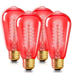 40-Watt Equivalent ST58 Red Dimmable E26 Vintage Edison Incandescent-Light Bulb for Halloween Christmas (4-Pack)