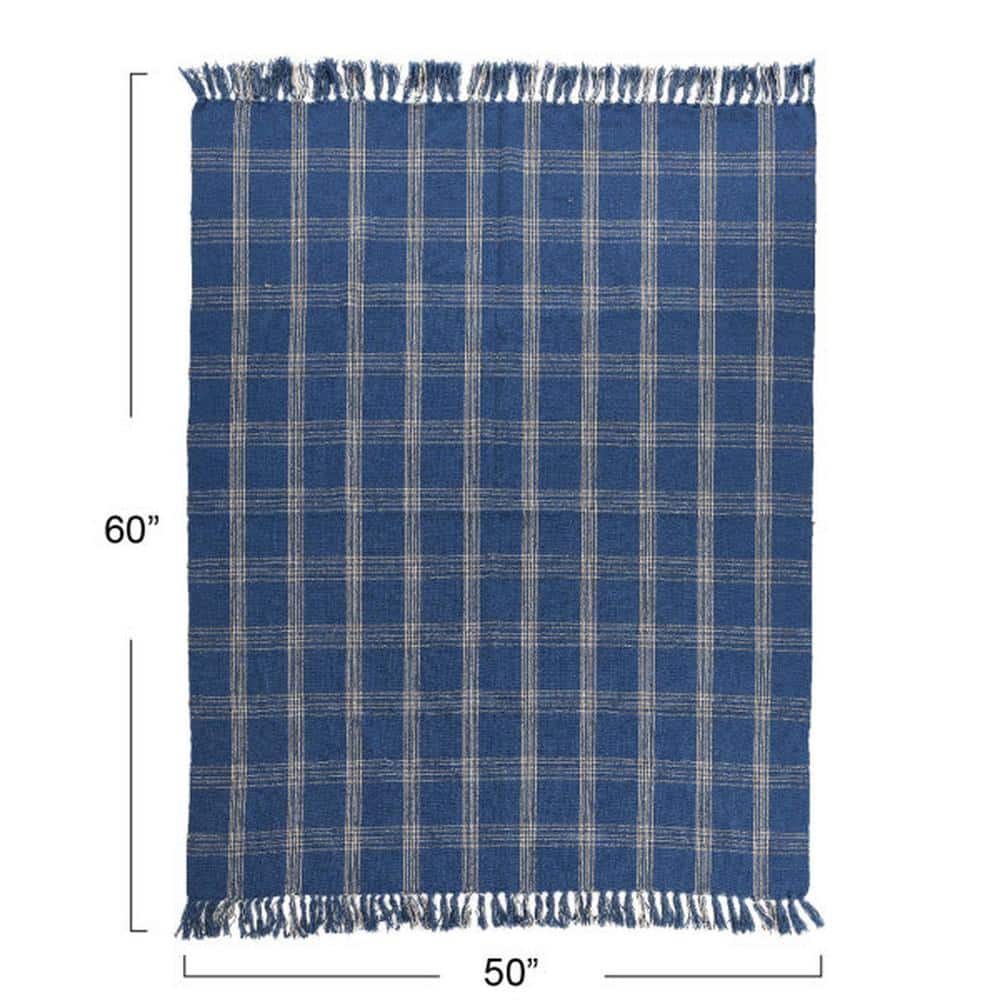 Blue Plaid Recycled Cotton Blend Throw Blanket with Fringe