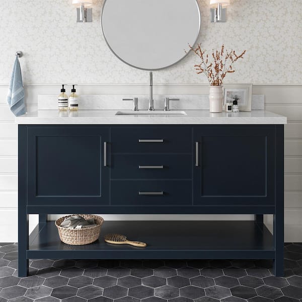 ARIEL Bayhill 61 in. W x 22 in. D x 36 in. H Bath Vanity in Midnight Blue with Carrara White Marble Top