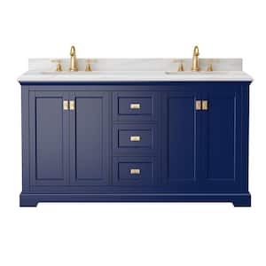 72.6 in. W x 22.4 in. D x 34 in. H Double Sink Solid Wood Bath Vanity in Navy Blue with White Marble Top