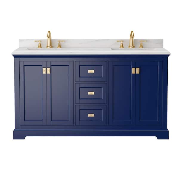 Lonni 72.6 in. W x 22.4 in. D x 34 in. H Double Sink Solid Wood Bath Vanity in Navy Blue with White Marble Top