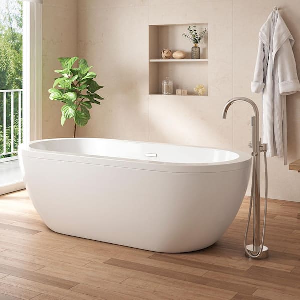 OVE Decors Serenity 71 in. Freestanding Flatbottom Double-Slipper Soaking Bathtub with Center Drain in White